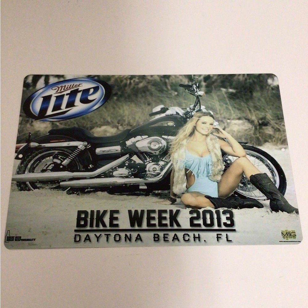 Miller Lite Beer Model Bikini Girl Bike Week Daytona Beach Florida Beer Tin sign